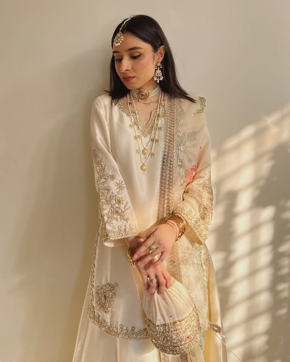 Exclusive Cream Chinon Silk Embroidery Work Sharara Suit With Dupatta