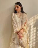 Exclusive Cream Chinon Silk Embroidery Work Sharara Suit With Dupatta