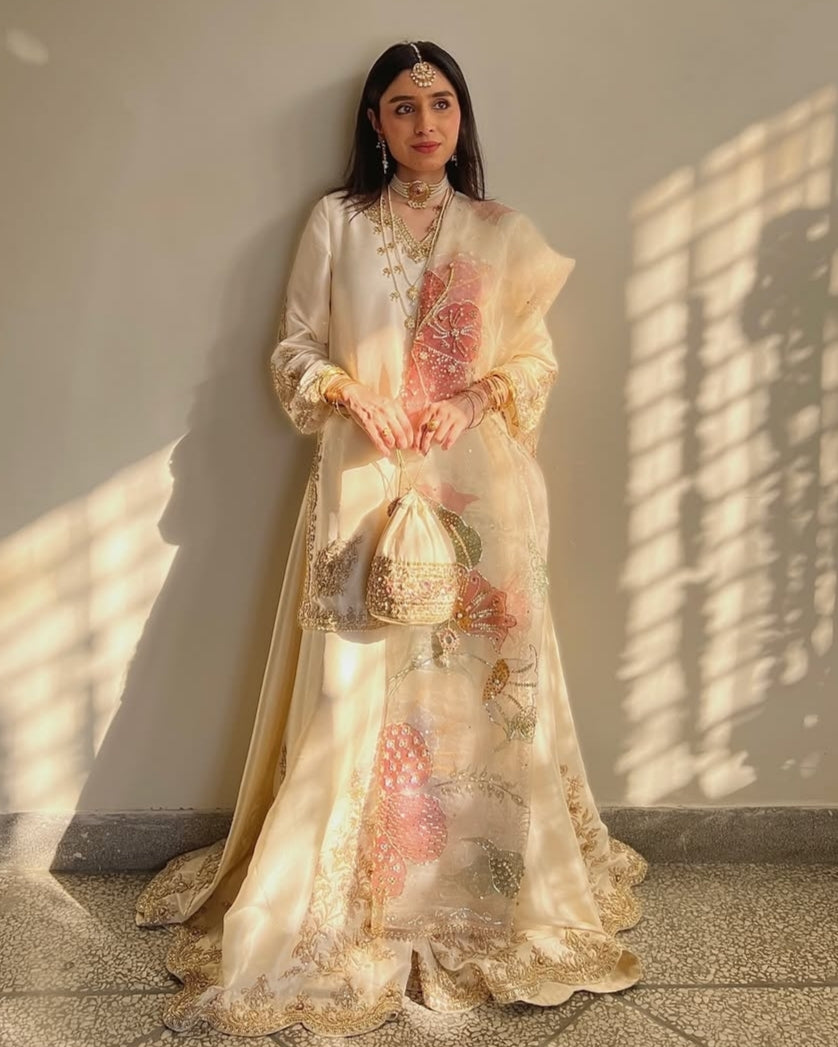 Exclusive Cream Chinon Silk Embroidery Work Sharara Suit With Dupatta