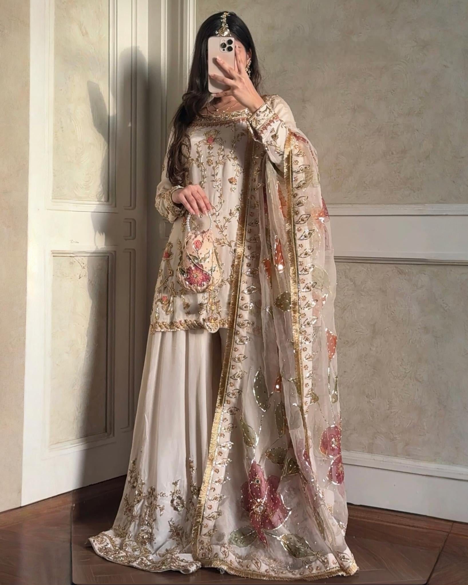 Exclusive Cream Chinon Silk Embroidery Work Sharara Suit With Dupatta
