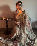 Exclusive Sand Beige Chinon Silk Embroidery Work Sharara Suit With Dupatta