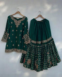 Exclusive Dark Green Chinon Silk Embroidery Work Gharara Suit With Dupatta