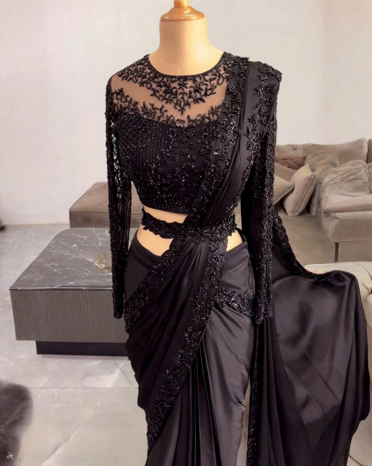 Black & Red Satin Silk Embroidery Work Saree With Blouse