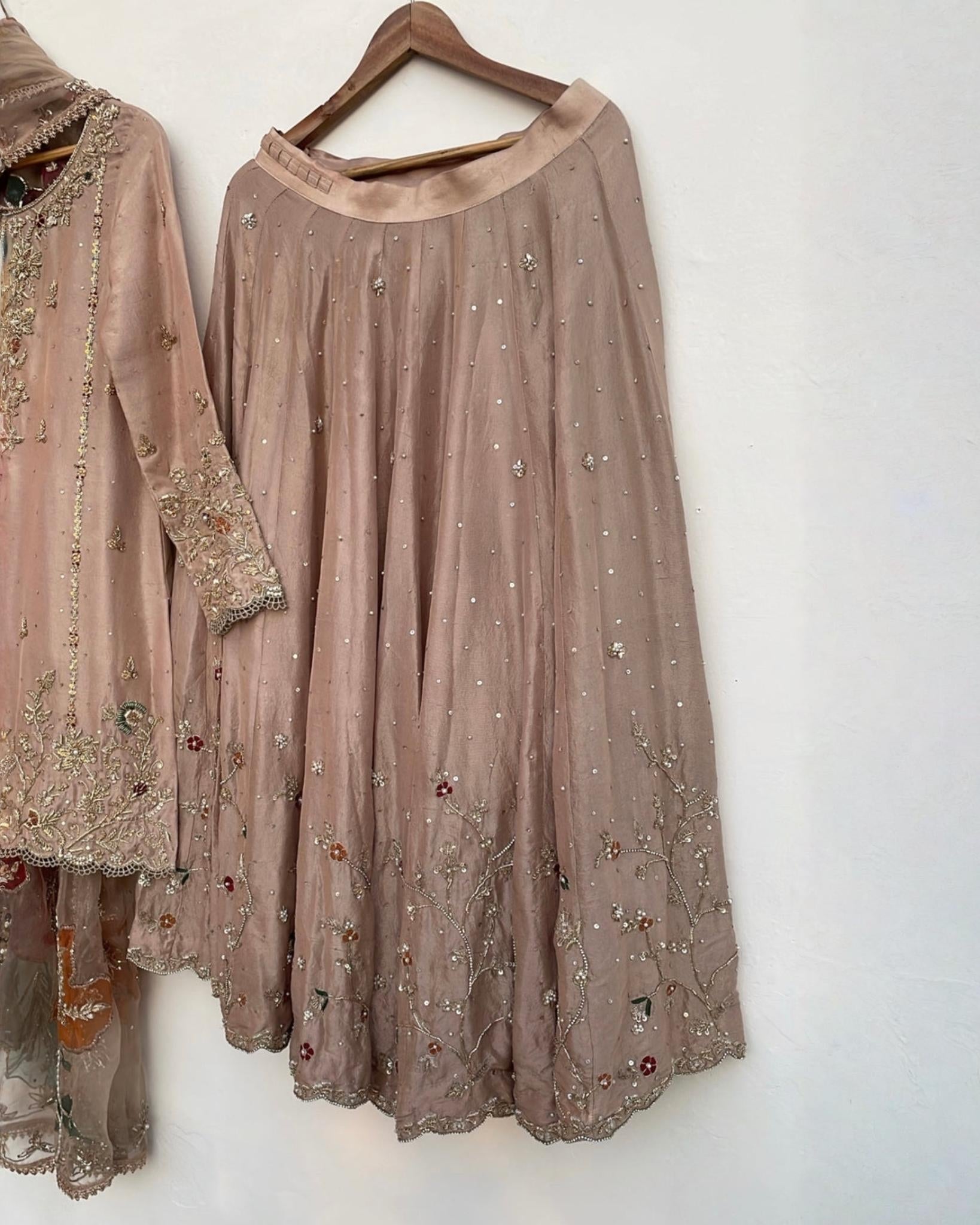 Exclusive Sand Beige Chinon Silk Embroidery Work Sharara Suit With Dupatta