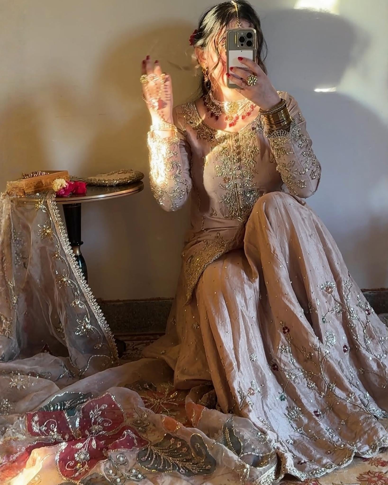 Exclusive Sand Beige Chinon Silk Embroidery Work Sharara Suit With Dupatta