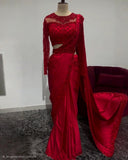 Black & Red Satin Silk Embroidery Work Saree With Blouse