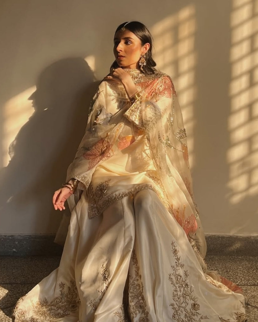 Exclusive Cream Chinon Silk Embroidery Work Sharara Suit With Dupatta