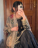 Exclusive Black Chinon Silk Embroidery Work Gharara Suit With Dupatta