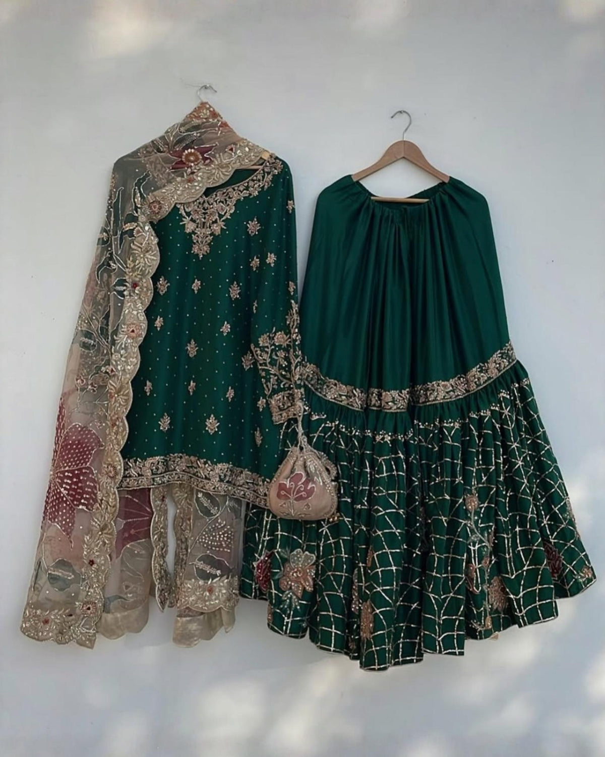 Exclusive Dark Green Chinon Silk Embroidery Work Gharara Suit With Dupatta