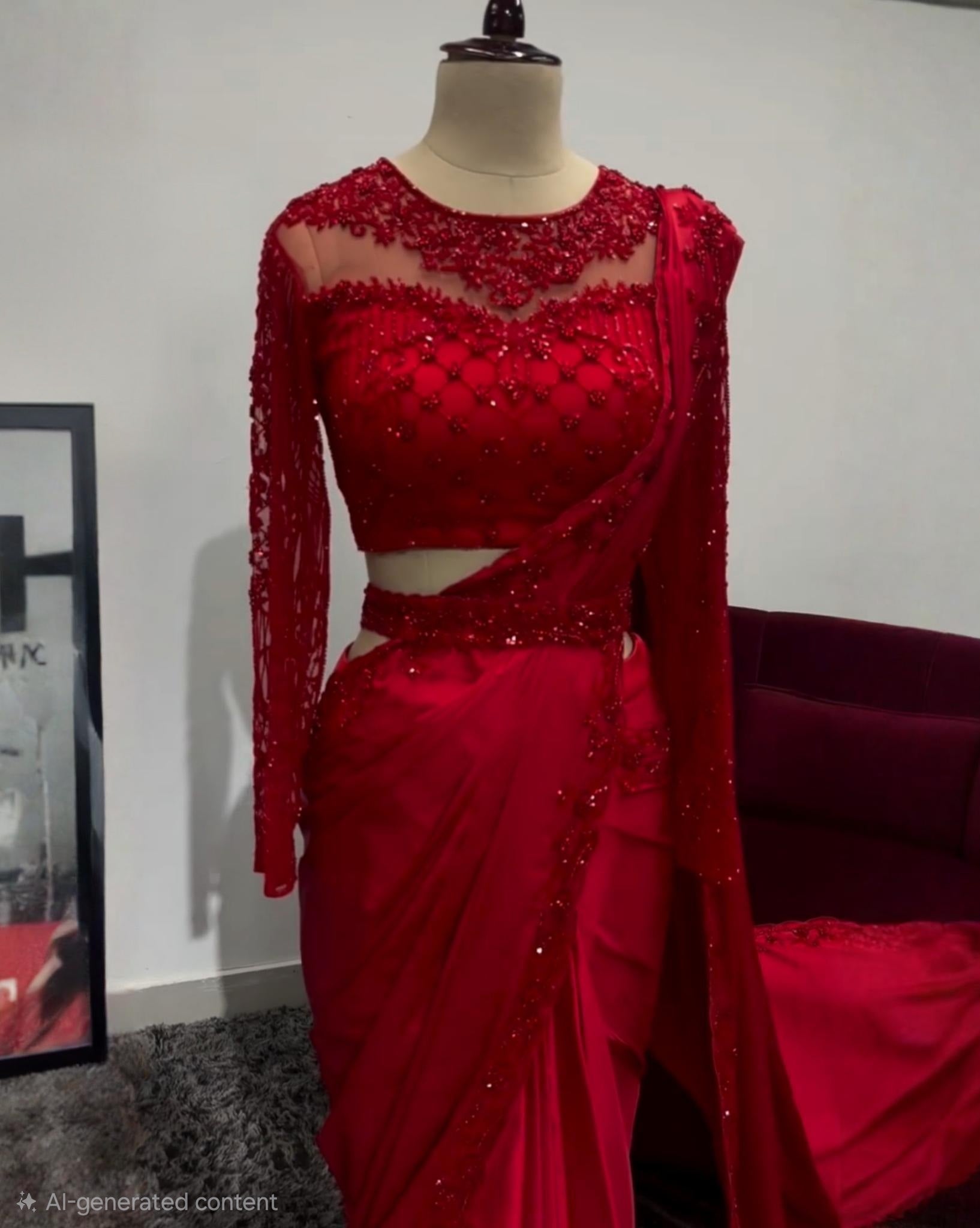 Black & Red Satin Silk Embroidery Work Saree With Blouse